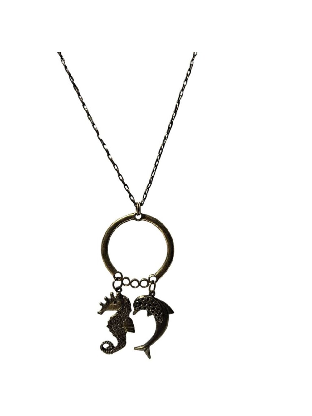Vintage Seahorse Dolphin Charm Necklace Brass Nautical Sea Ocean Fashion Jewelry